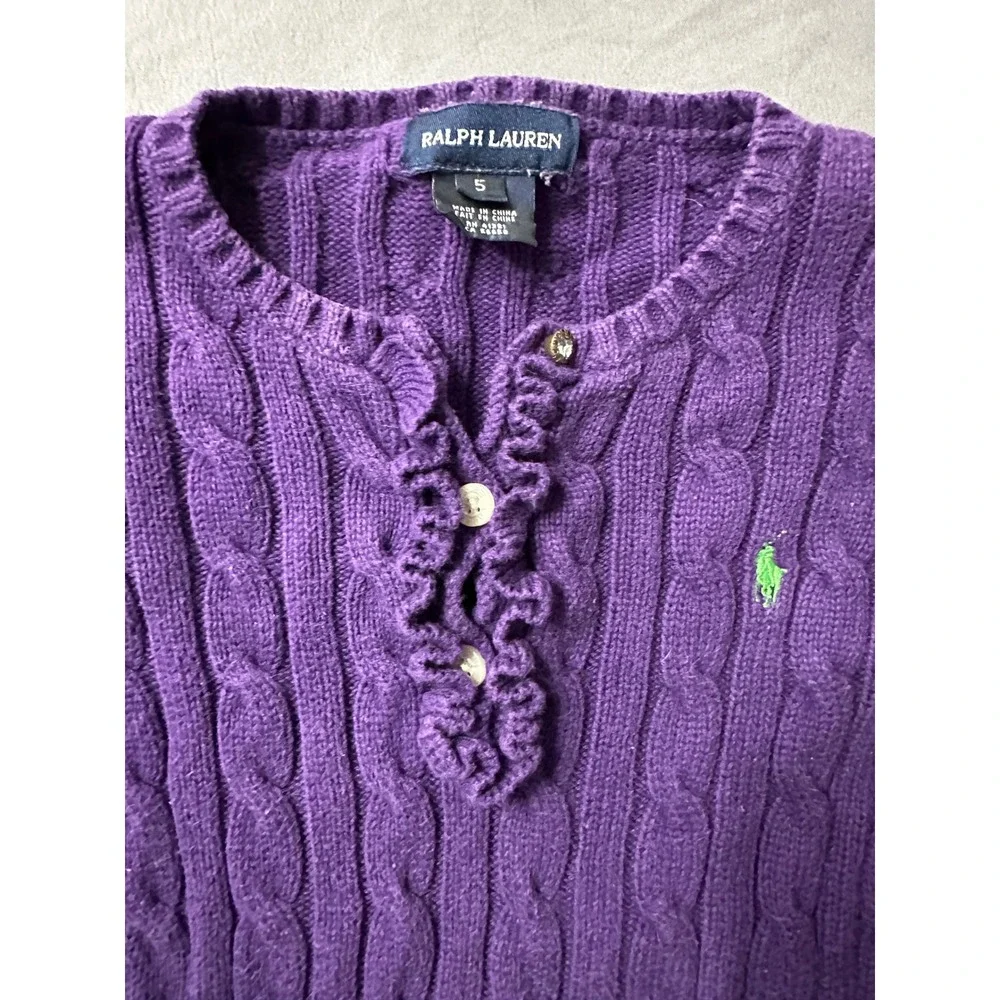 Ralph Lauren Kids Purple Cable Knit‎ Ruffle Button Sweater Size 5